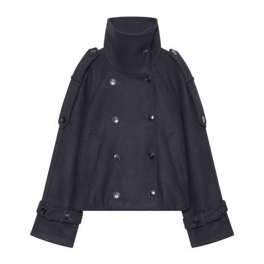 Damen Kurzer Doppelreihiger Cape‑Mantel mit hohem Stehkragen und Epauletten Nord Taschen