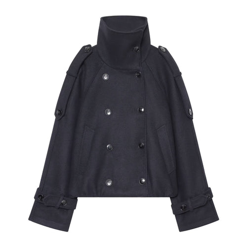 Damen Kurzer Doppelreihiger Cape‑Mantel mit hohem Stehkragen und Epauletten Nord Taschen