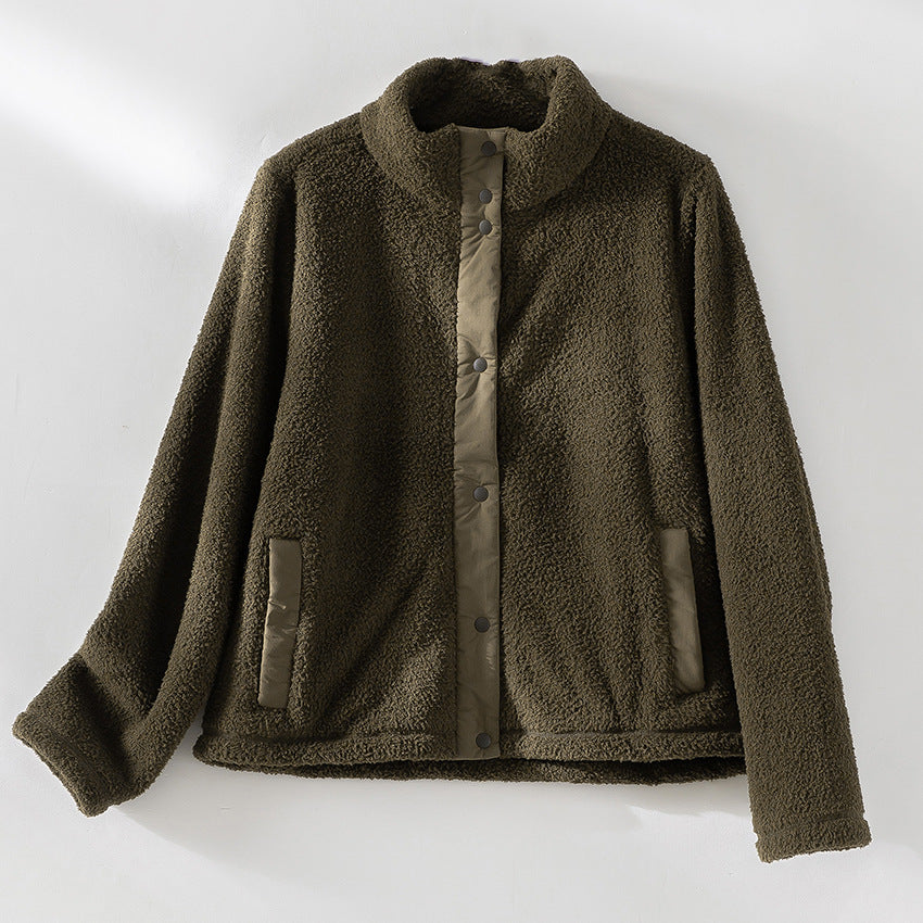 Damen kuschelige Teddy-Fleecejacke mit Stehkragen, Druckknopf-Leiste und kontrastierten Tascheneinfassungen Nord Taschen