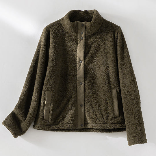 Damen kuschelige Teddy-Fleecejacke mit Stehkragen, Druckknopf-Leiste und kontrastierten Tascheneinfassungen Nord Taschen