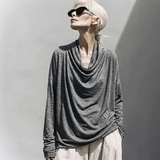 Damen Drapiertes Oversize-Langarmshirt mit Wasserfallkragen Nord Taschen