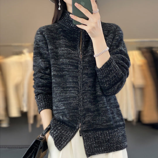 Damen Reißverschluss‑Strickjacke mit melierter Struktur und Stehkragen Nord Taschen