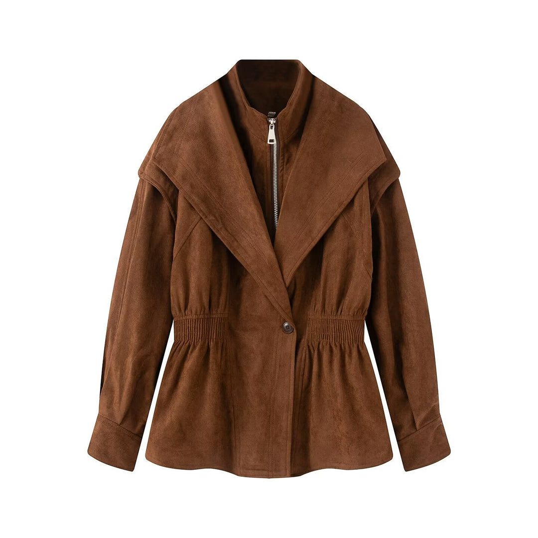 Damen Taillierte Jacke in Wildlederoptik mit großem Schalkragen, Reißverschluss und geraffter Taille Nord Taschen