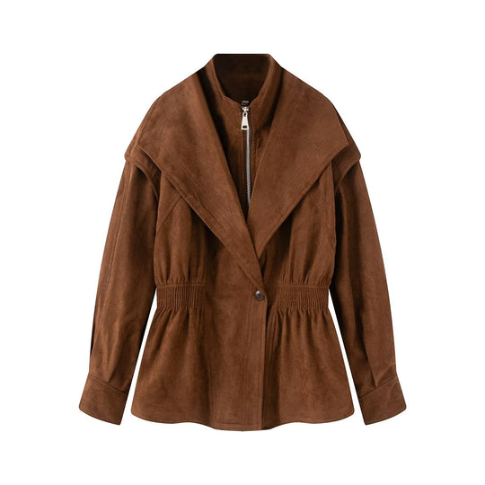 Damen Taillierte Jacke in Wildlederoptik mit großem Schalkragen, Reißverschluss und geraffter Taille Nord Taschen