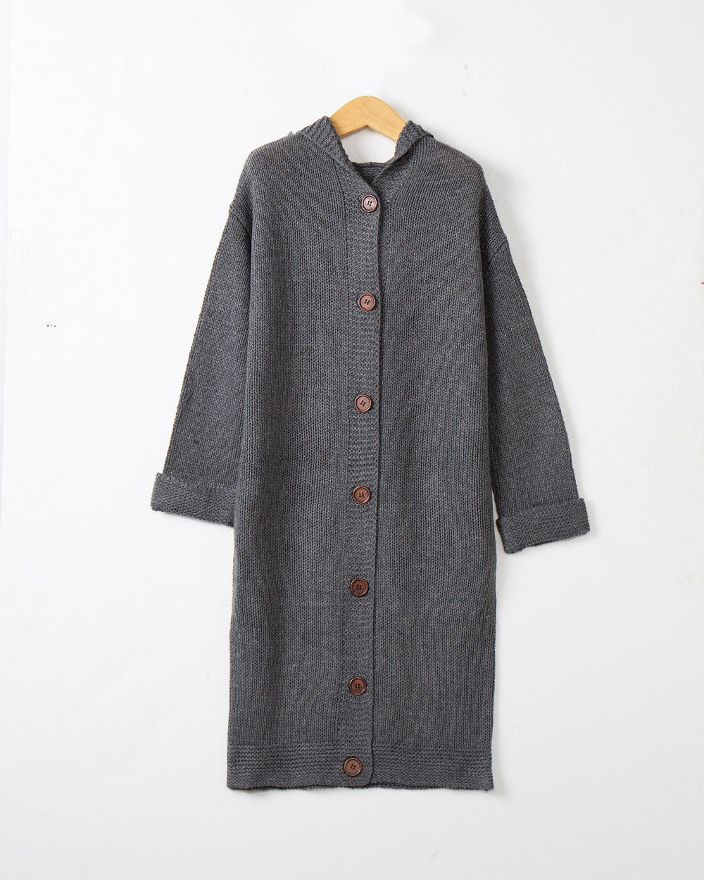 Damen Kapuzen-Longcardigan aus mitteldickem Rippstrick mit durchgehender Knopfleiste und lockerem Oversize-Schnitt Nord Taschen