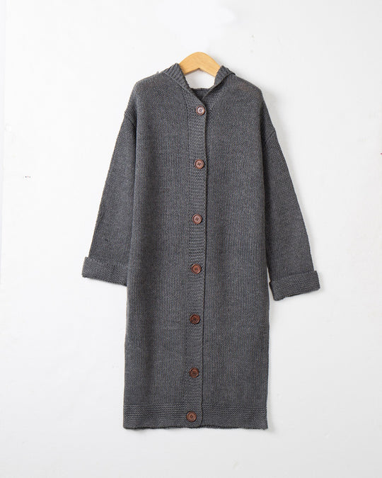 Damen Kapuzen-Longcardigan aus mitteldickem Rippstrick mit durchgehender Knopfleiste und lockerem Oversize-Schnitt Nord Taschen