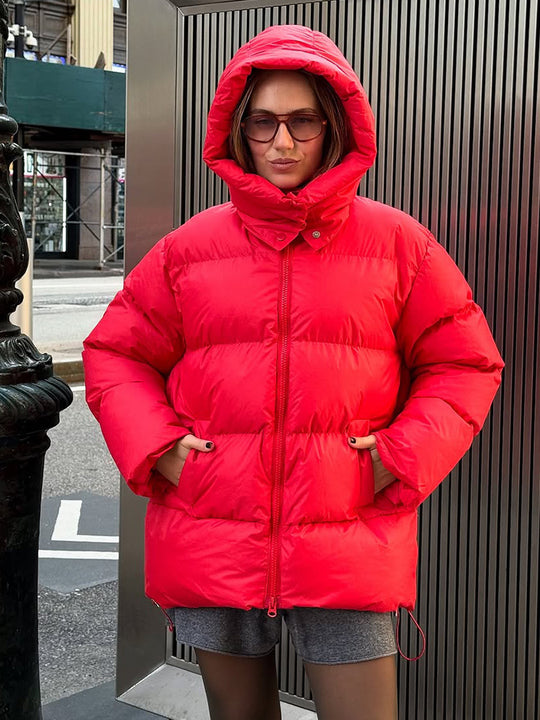 Damen Oversize Stepp-Pufferjacke mit abnehmbarer Kapuze und Zwei-Wege-Reißverschluss Nord Taschen