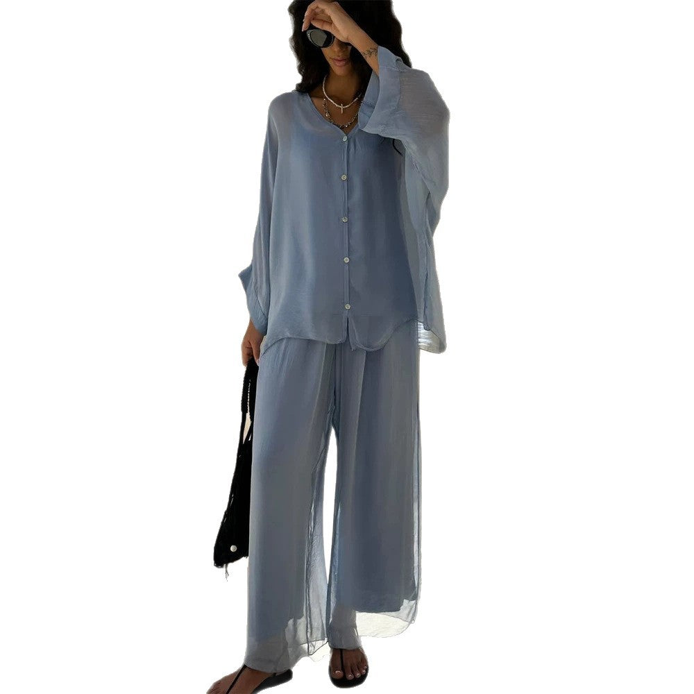Damen Dreiteiliges Loungewear-Set aus leichter Viskose mit Oversize-Bluse, Top und weiter Palazzohose Nord Taschen