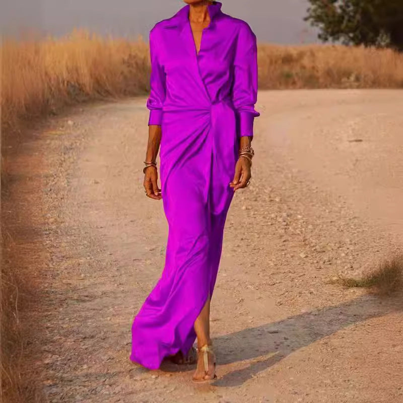 Damen Elegantes Wickel-Maxi-Kleid mit vielseitigem Kragen und seitlichem Schlitz