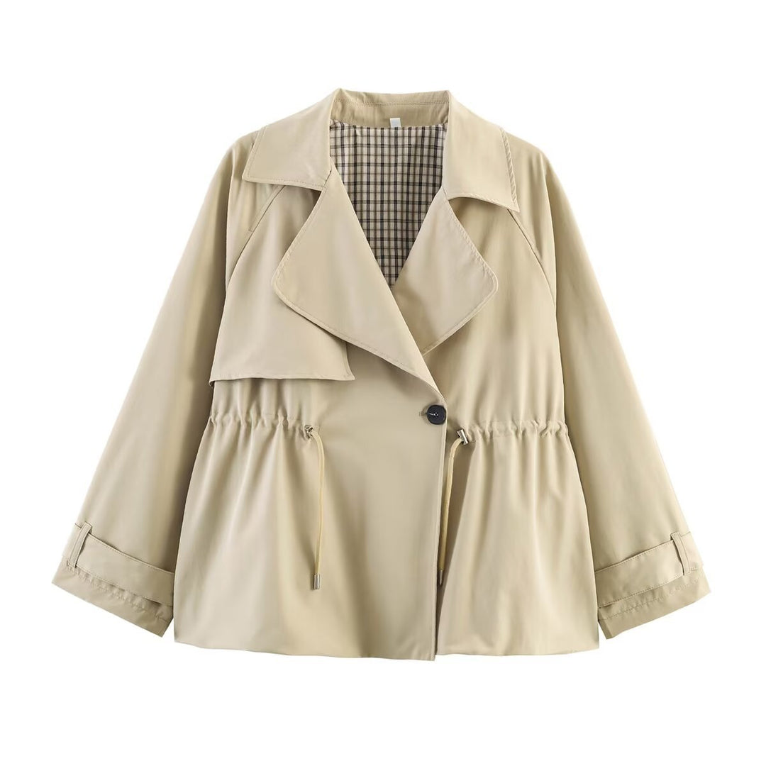 Damen Kurze Übergangsjacke mit Tunnelzugtaillierung, weitem Revers und kariertem Futter Nord Taschen