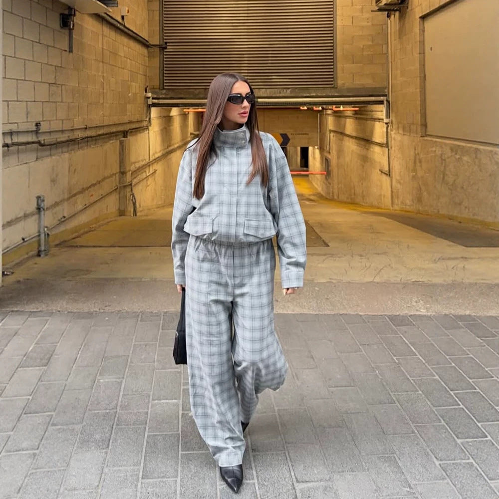 Damen Oversize Karo-Zweiteiler aus Tailormix mit Stehkragen Nord Taschen