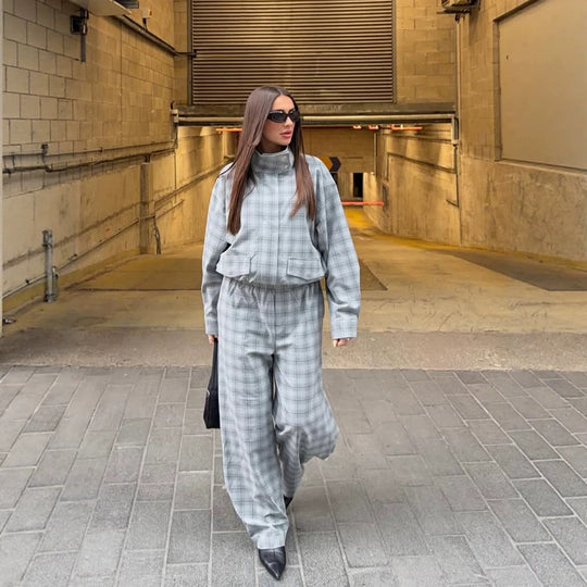 Damen Oversize Karo-Zweiteiler aus Tailormix mit Stehkragen Nord Taschen