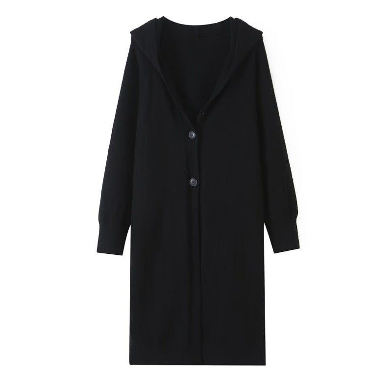 Damen Langer Kapuzen-Cardigan aus Feinstrick mit Knopfleiste und Rippbündchen Nord Taschen