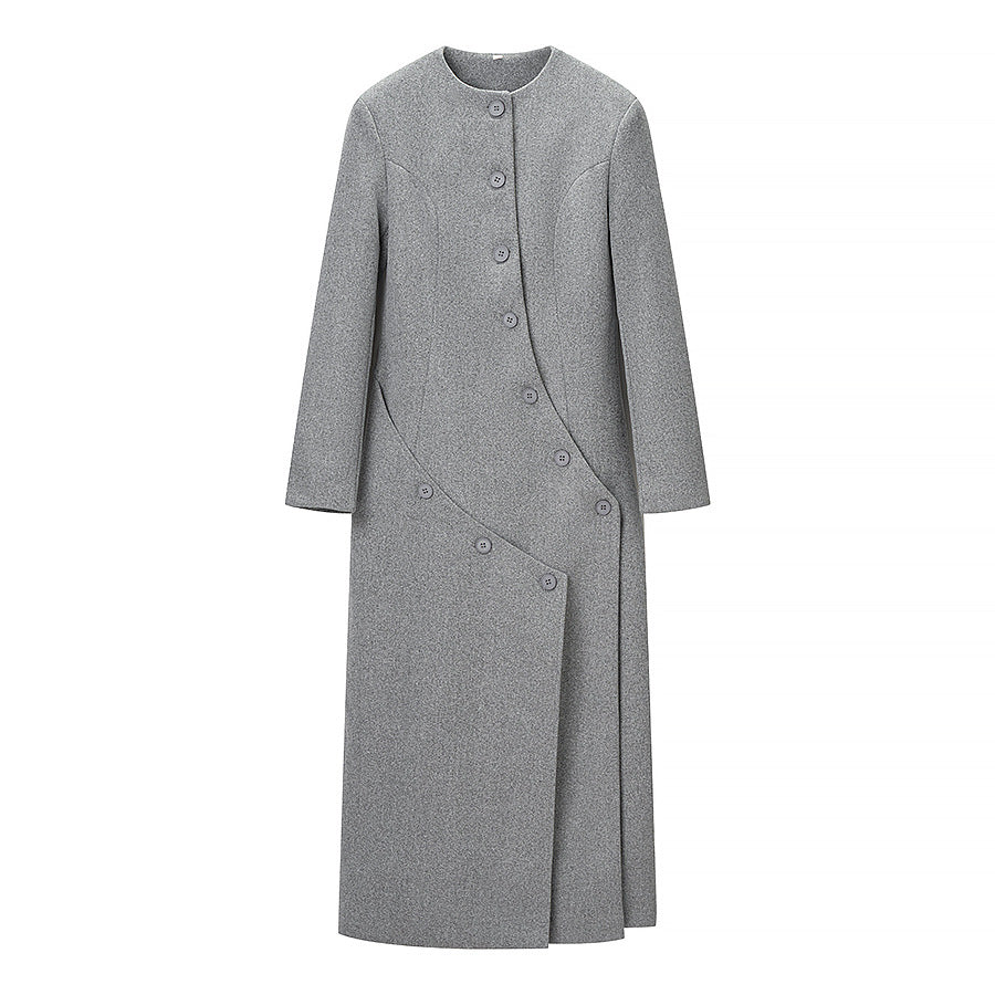 Damen Langer taillierter Wollmix-Mantel mit Rundhalsausschnitt und asymmetrischer Knopfleiste Nord Taschen