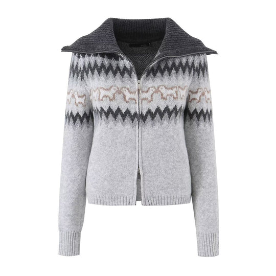 Damen Gestrickte Zip-Cardigan mit Norwegermuster und extra breitem Umlegekragen Nord Taschen