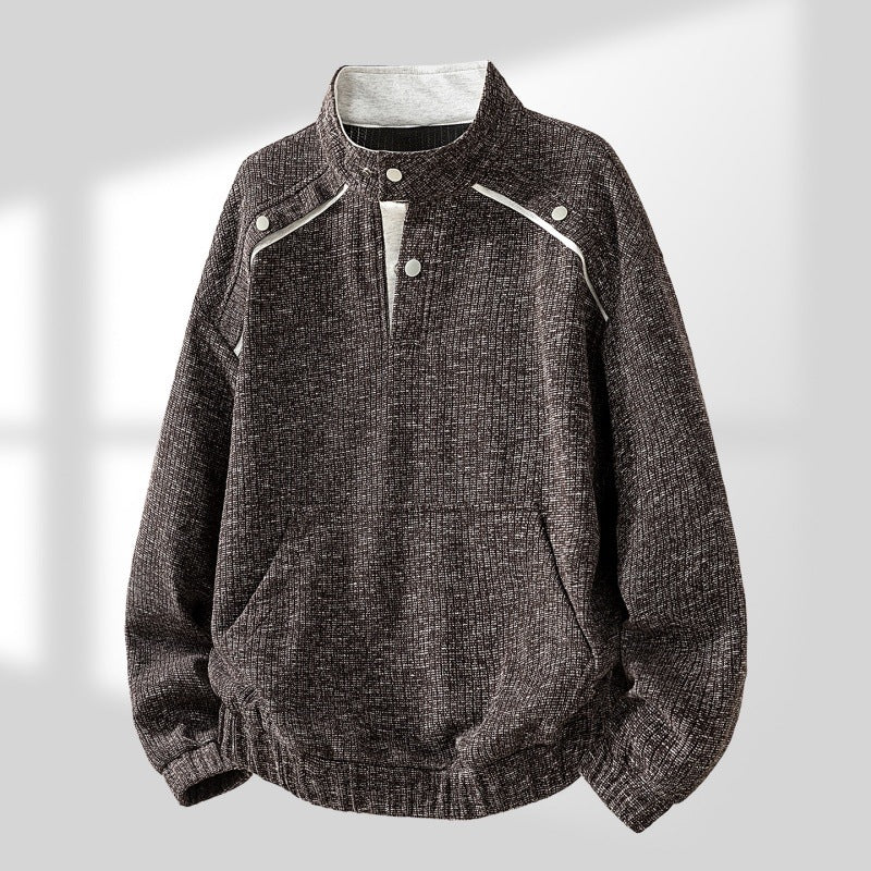 Herren Oversize Struktur-Halbzip-Strickpullover mit Stehkragen, Druckknopfblende & Kängurutasche Nord Taschen