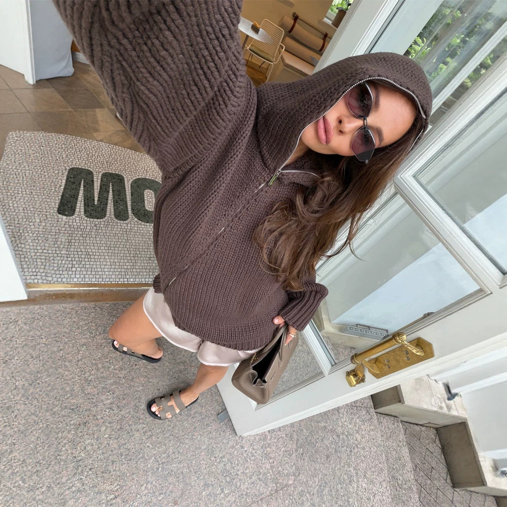 Damen Grobstrick-Zip-Cardigan mit hohem Kragen Nord Taschen