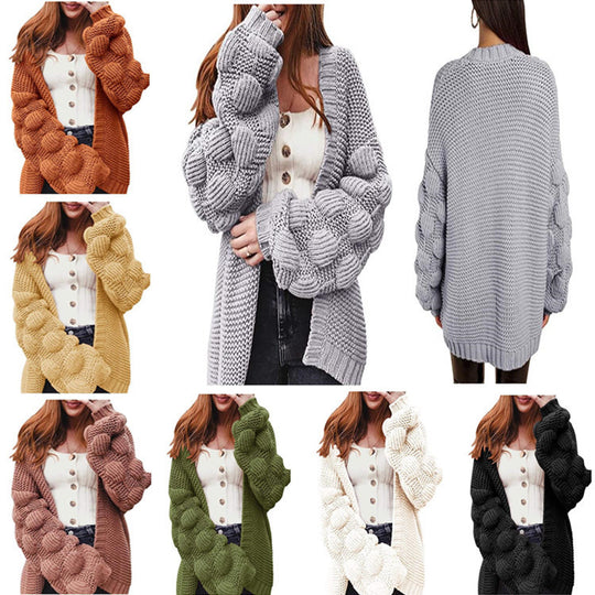 Damen Oversize Grobstrick-Cardigan mit Puffärmeln und offener Front Drune