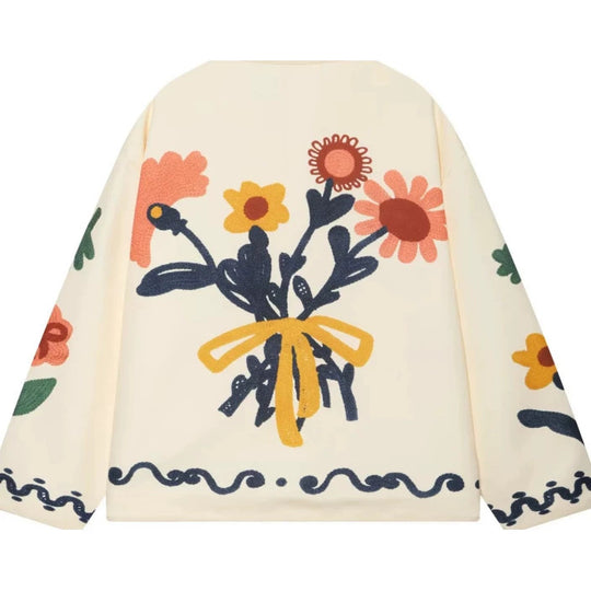Damen Boxy Cardiganjacke mit floralen Applikationen und aufgesetzten Taschen Nord Taschen