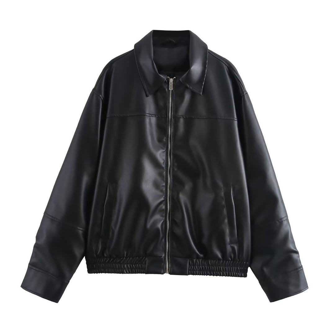 Damen Kurzjacke aus Kunstleder im Oversized-Bomberstil mit Hemdkragen und elastischem Saum Nord Taschen