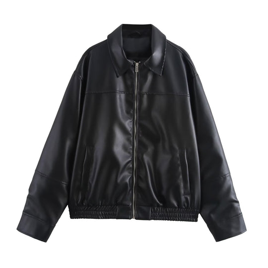 Damen Kurzjacke aus Kunstleder im Oversized-Bomberstil mit Hemdkragen und elastischem Saum Nord Taschen