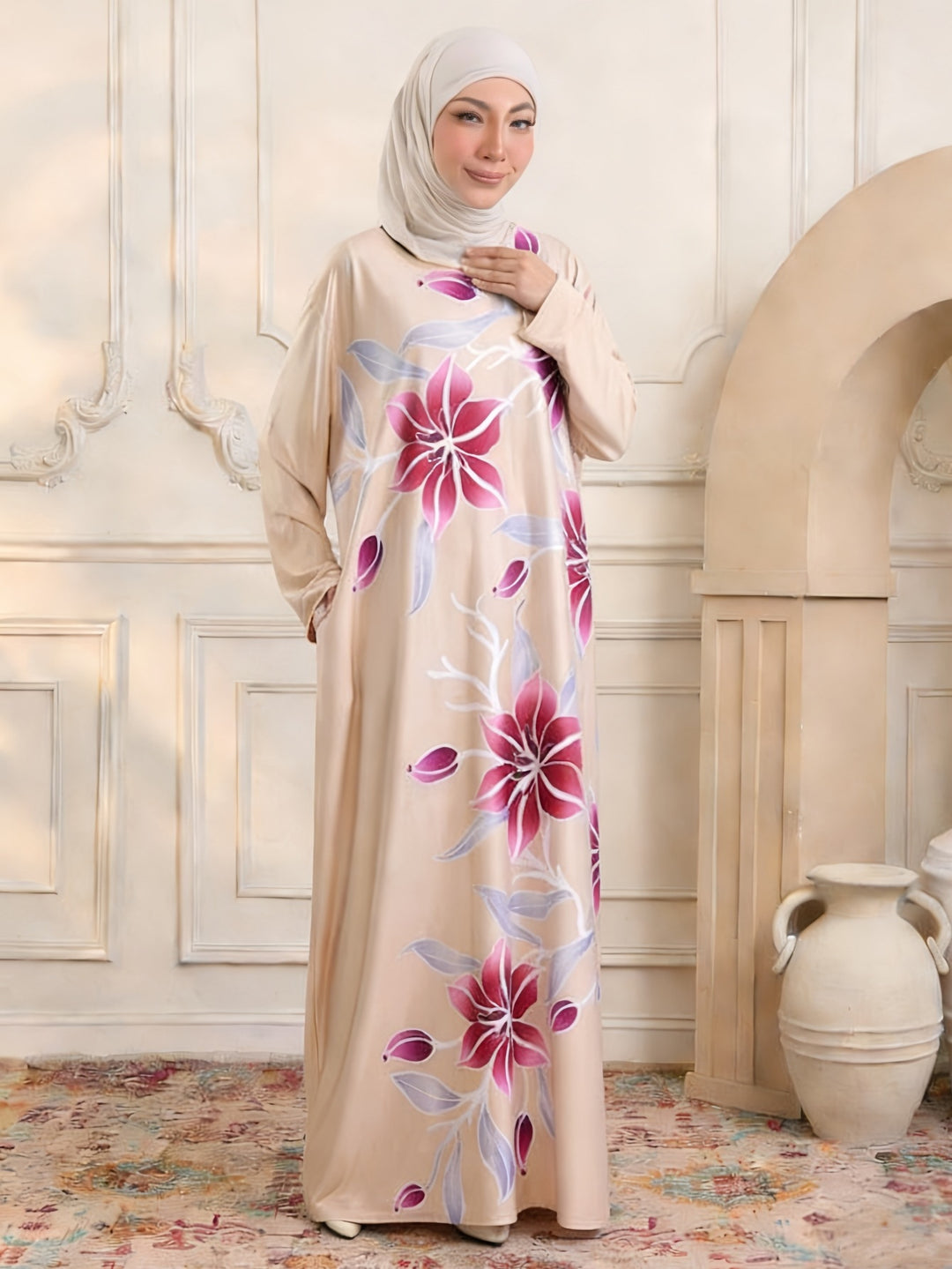 Damen Maxikleid im Kaftan-Stil mit handbemaltem Blumenprint Nord Taschen