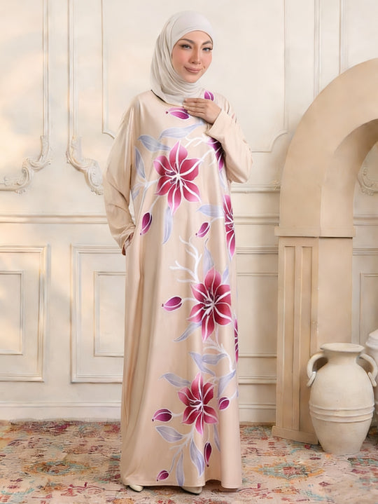 Damen Maxikleid im Kaftan-Stil mit handbemaltem Blumenprint Nord Taschen