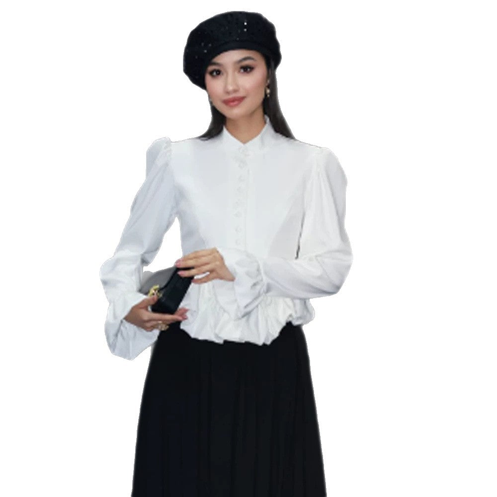 Damen Taillierte Peplum-Bluse mit Stehkragen, bezogener Knopfleiste und Puffärmeln Nord Taschen
