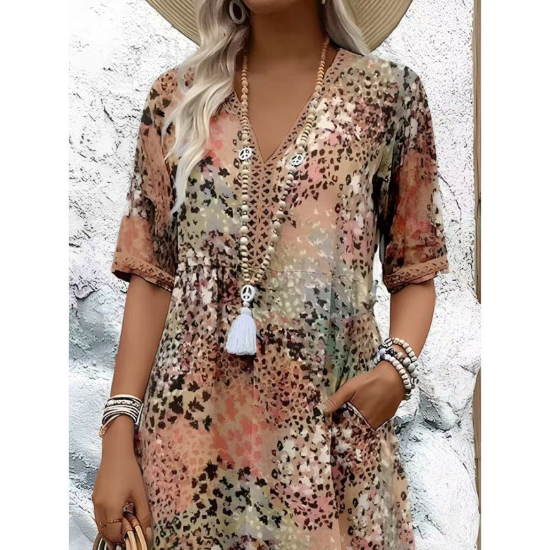 Damen Strandkleid im lässigen Stil mit Taschen und V-Ausschnitt