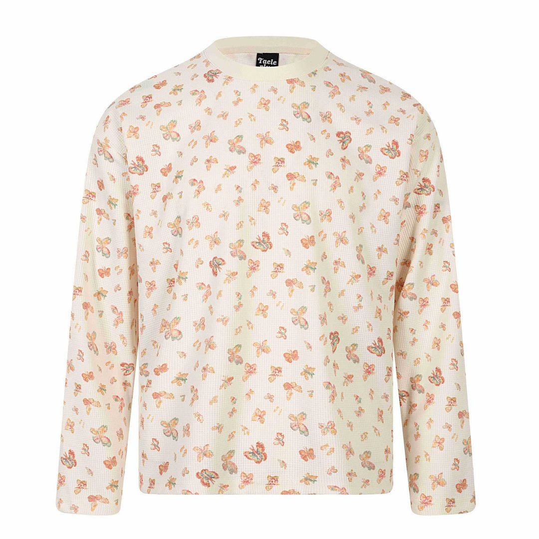 Damen Waffelstrick-Langarmshirt mit Allover-Schmetterlingsprint und Rundhals Nord Taschen
