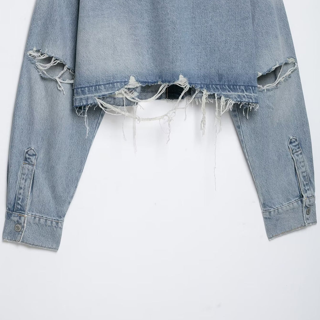 Damen Cropped Jeansjacke im Used‑Look mit ausgefranstem Saum und Oversize‑Ärmeln Nord Taschen