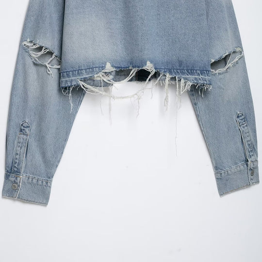 Damen Cropped Jeansjacke im Used‑Look mit ausgefranstem Saum und Oversize‑Ärmeln Nord Taschen