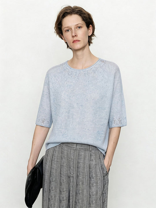 Damen Leichtes Feinstrick-Shirt mit halblangen Ärmeln, Rundhals und feinem Lochmuster Nord Taschen