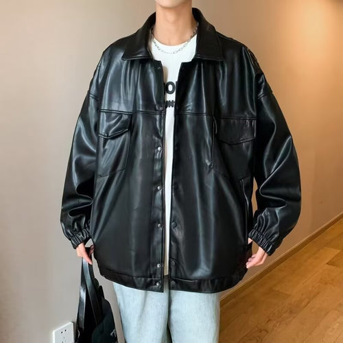 Herren Oversized PU-Leder-Shacket mit Pattentaschen und elastischen Bündchen Nord Taschen