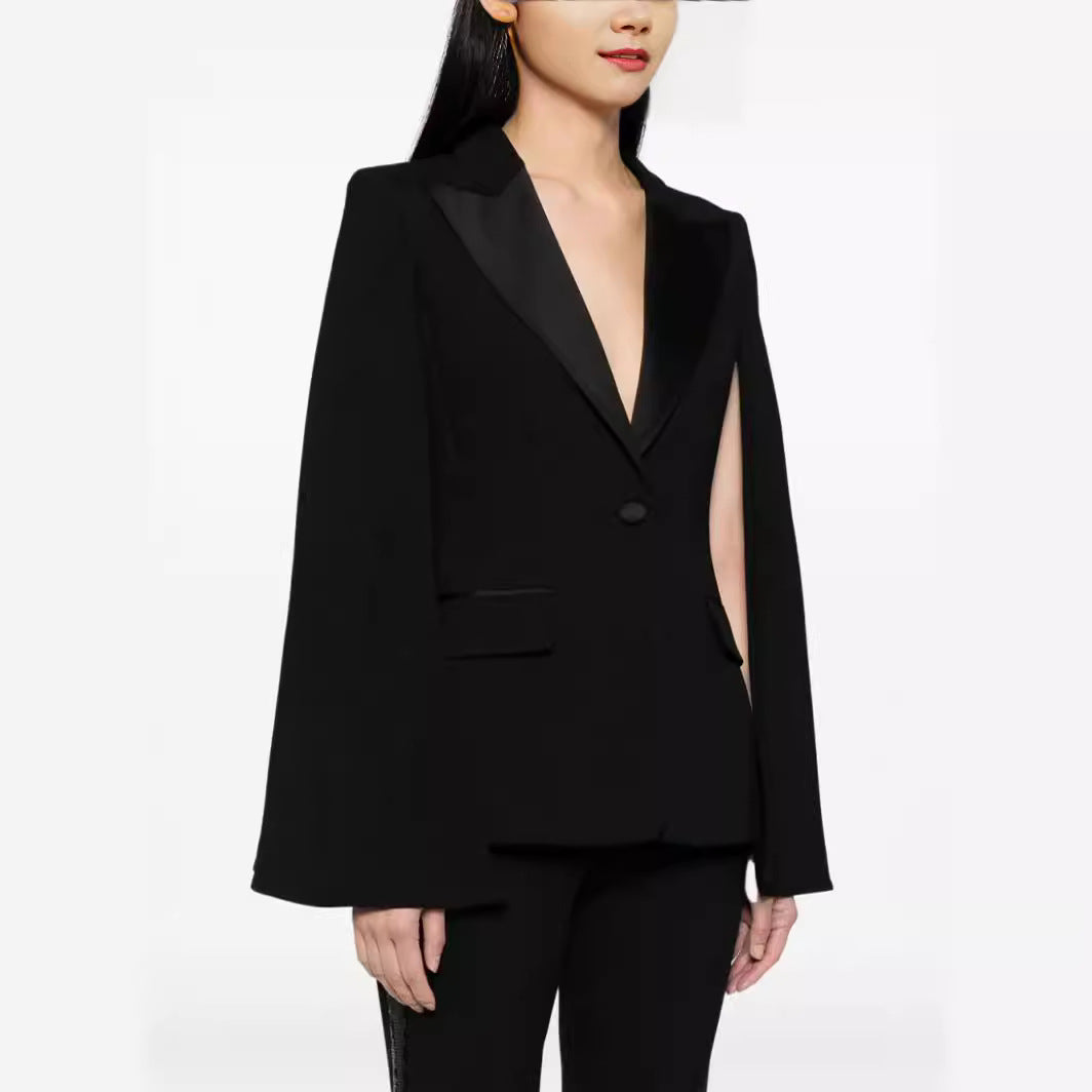 Damen Zweiteiliges Abendliches Blazer-Set mit Cape-Ärmeln und ausgestellten Marlene-Hosen Nord Taschen