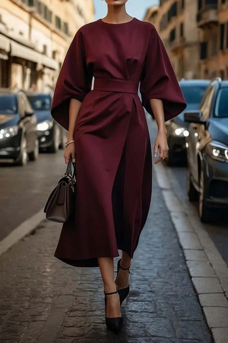 Damen Maxi-Kleid mit voluminösen Ärmeln und elegantem Drapierungsdesign