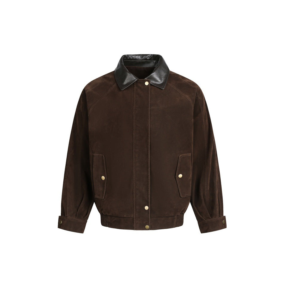 Herren Boxy Veloursleder-Blouson mit kontrastierendem Lederkragen und Druckknopf-Pattentaschen Nord Taschen