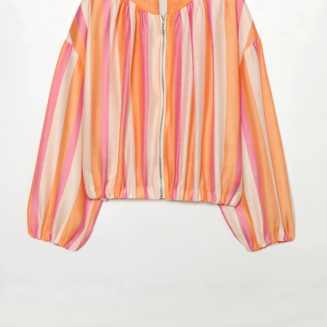 Damen Gestreifte Cropped‑Bomberjacke mit Stehkragen, Ballonärmeln und Gummibund Nord Taschen