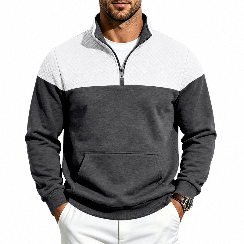 Herren Stehkragen-Sweatshirt mit Halbzip, gesteppter Schulterpasse und Kängurutasche Nord Taschen