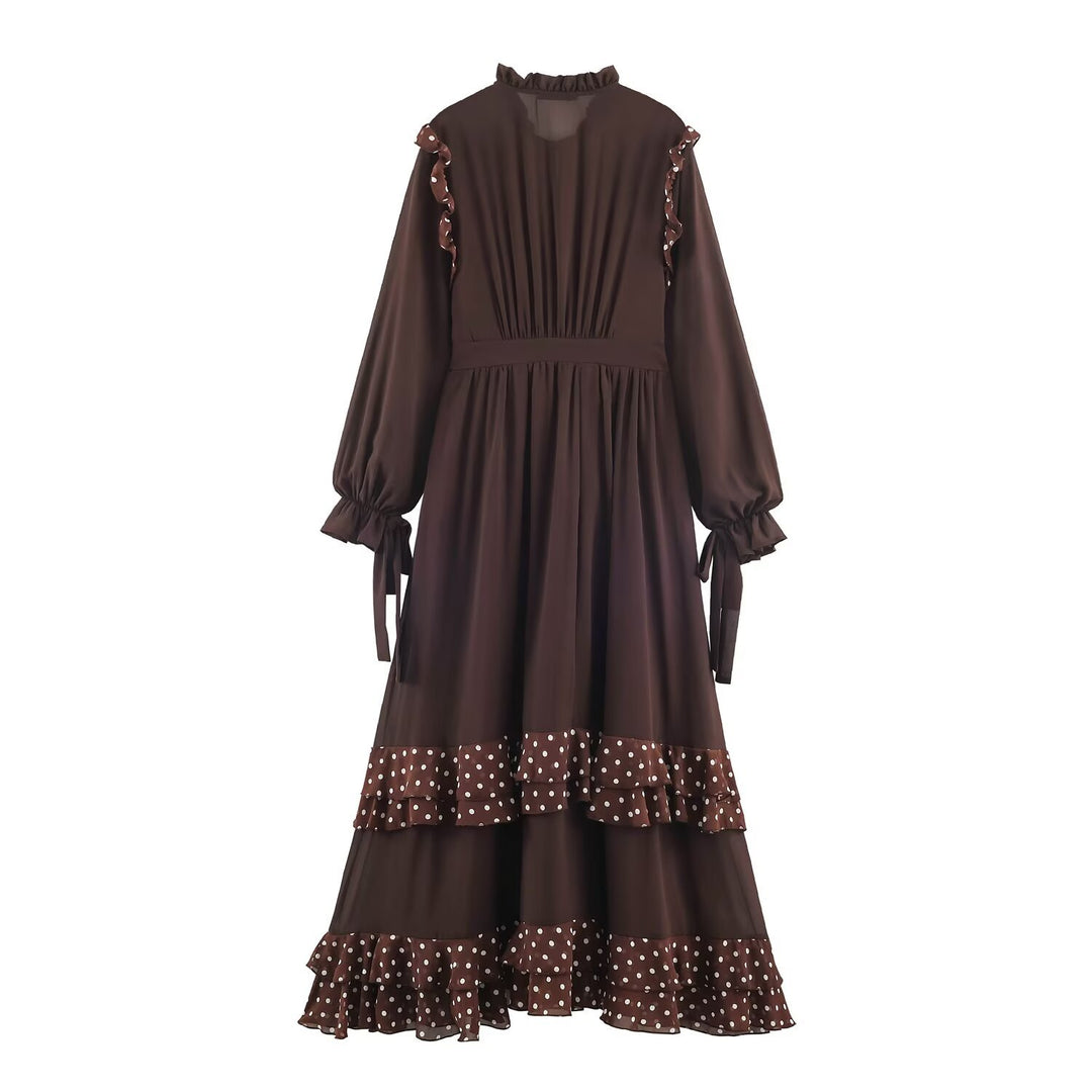 Damen Midikleid mit Volantstufen, Stehkragen und Ballonärmeln Nord Taschen