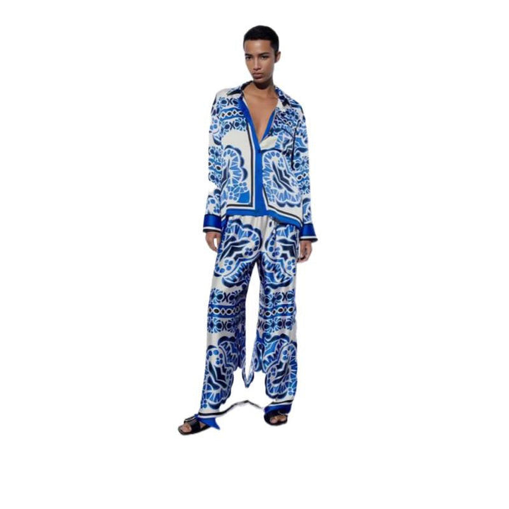 Damen Weitgeschnittenes, florales Langarmhemd und Hose Set