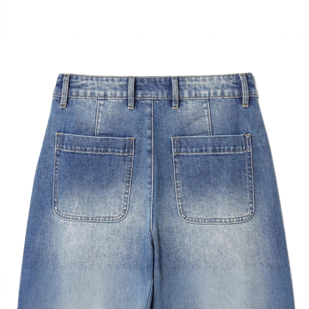Damen Weite High‑Waist Cropped Denim-Jeans mit aufgesetzten Taschen und rohem Saum Nord Taschen