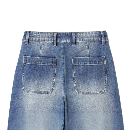 Damen Weite High‑Waist Cropped Denim-Jeans mit aufgesetzten Taschen und rohem Saum Nord Taschen