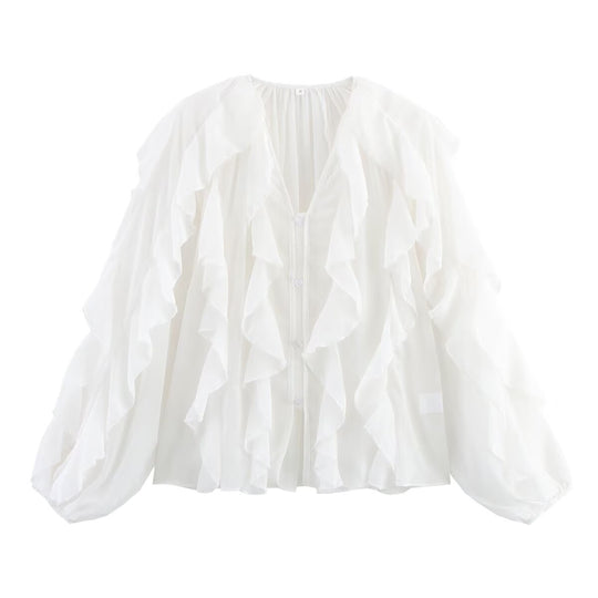 Damen Transparente Volant‑Chiffonbluse mit durchgehender Knopfleiste und voluminösen Balloonärmeln Nord Taschen