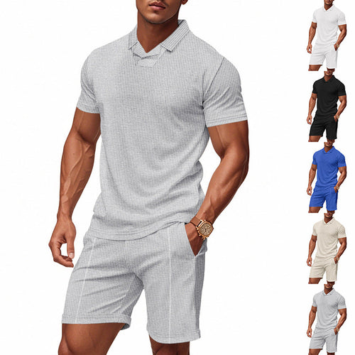 Herren nan lässiges Waffelstruktur-Freizeitset mit Reverskragen-Kurzarmshirt und elastischen Freizeitshorts