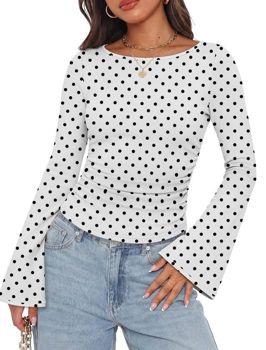 Damen Geripptes Langarmshirt mit Raffung, Trompetenärmeln und Kontrastbesatz Nord Taschen