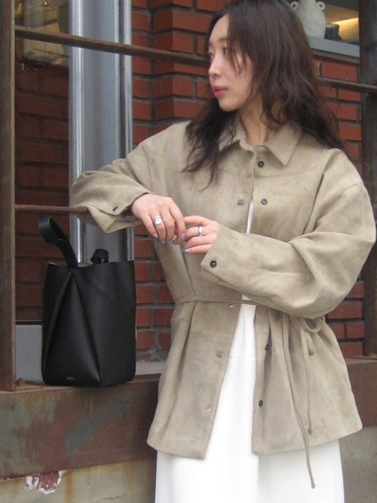 Damen Oversize Velourslederoptik-Utility-Jacke mit Tunnelzugtaillierung Nord Taschen