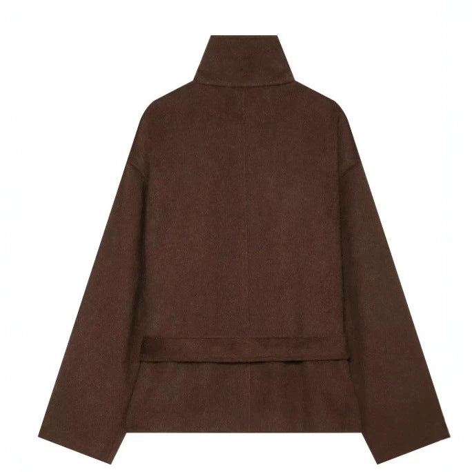 Damen Kurzer Wollmix‑Capecoat mit hohem Stehkragen, verdeckter Knopfleiste und Taillenbindegürtel Nord Taschen