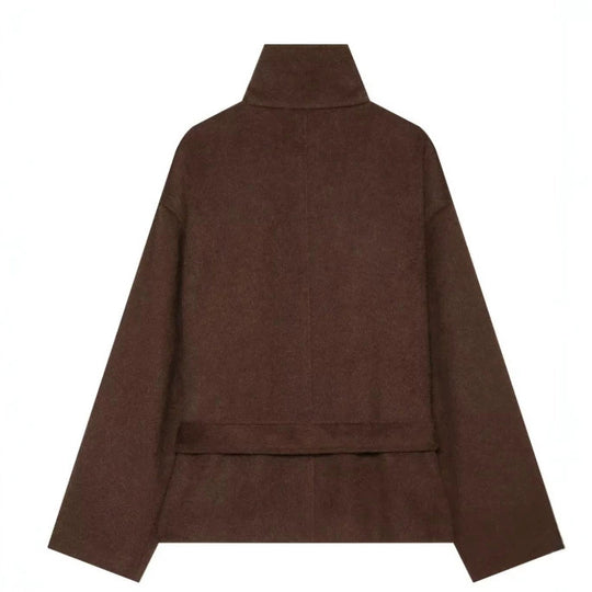 Damen Kurzer Wollmix‑Capecoat mit hohem Stehkragen, verdeckter Knopfleiste und Taillenbindegürtel Nord Taschen