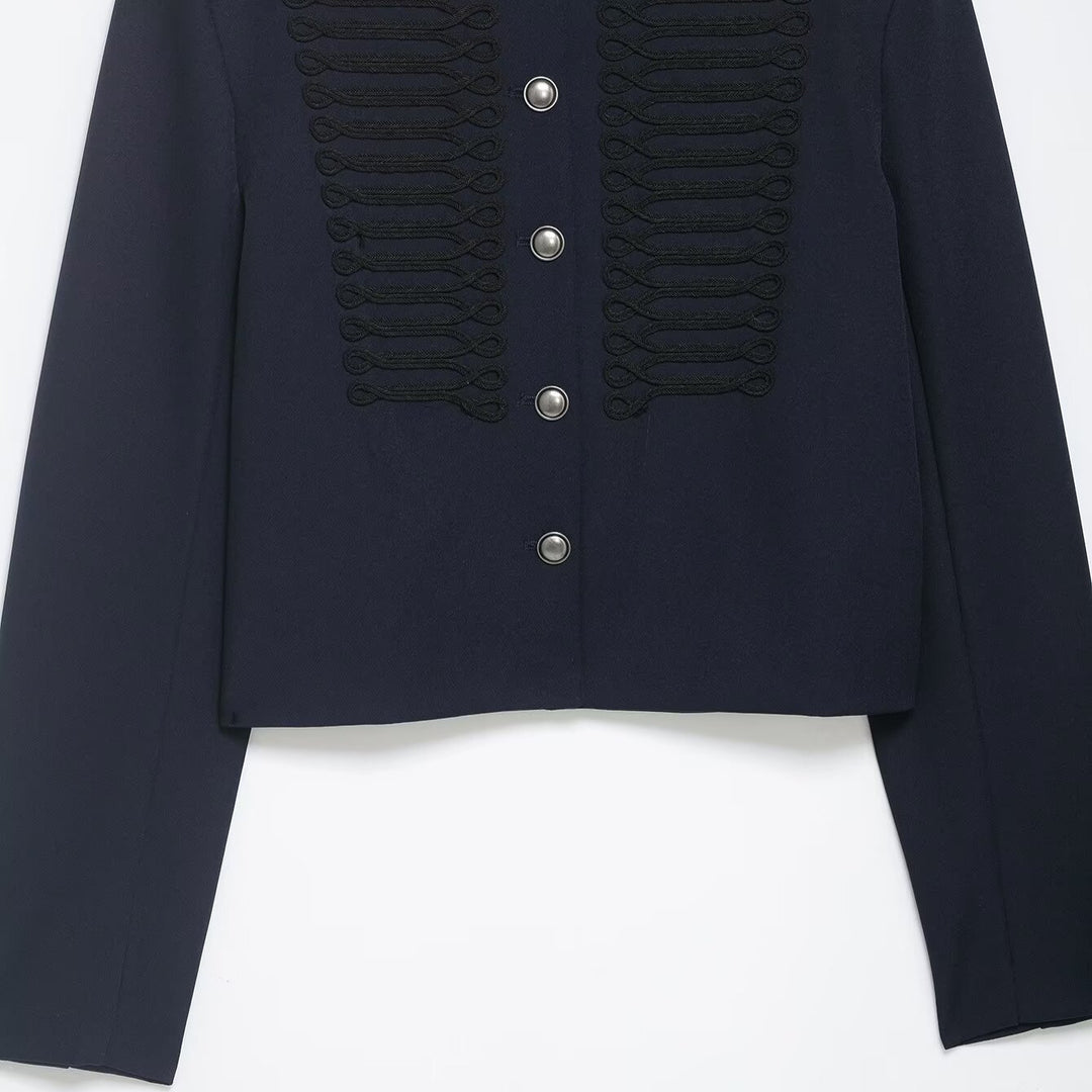 Damen Kurzer Militärinspirierter Wollmix-Blazer mit Stehkragen und Zierkordel-Detail Nord Taschen